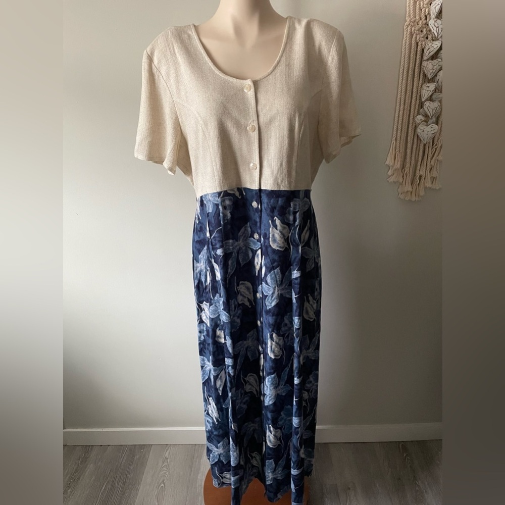 Cream and Navy Floral Maxi Dress - Elegant Button-Front
